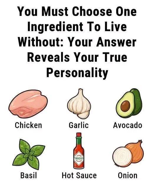 Kitchen Personality Test Which ingredient would you choose to disappear from your life? Don’t miss it The first comment reveals your personality secrets.
