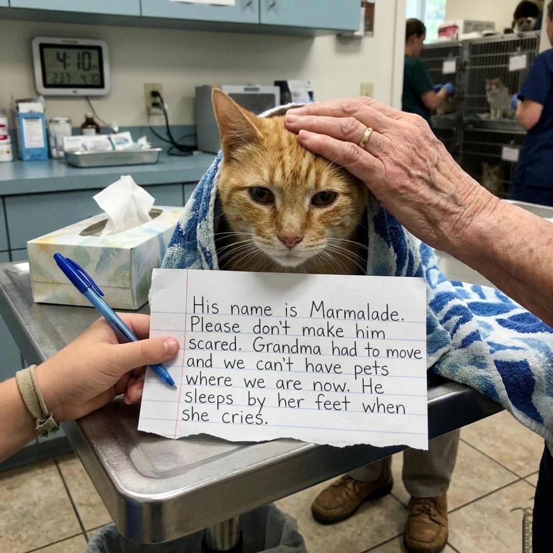 At 3:58 on euthanasia day, I lifted the syringe for an old orange cat abandoned with a child’s note—and realized I was seconds away from killing the only thing another broken family had left. “Put him on the table, please.”