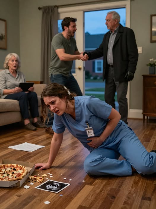 I walked in wearing hospital scrubs—still bleeding, still numb—after losing our baby in the ER. My husband didn’t ask if I was alive. He slapped me and screamed that he and his mother were “starving.” When I whispered, “I miscarried,” he called me a liar and raised his fist again. That’s when the front door shadow moved… and my father finally stepped inside. They had no idea who he really was.