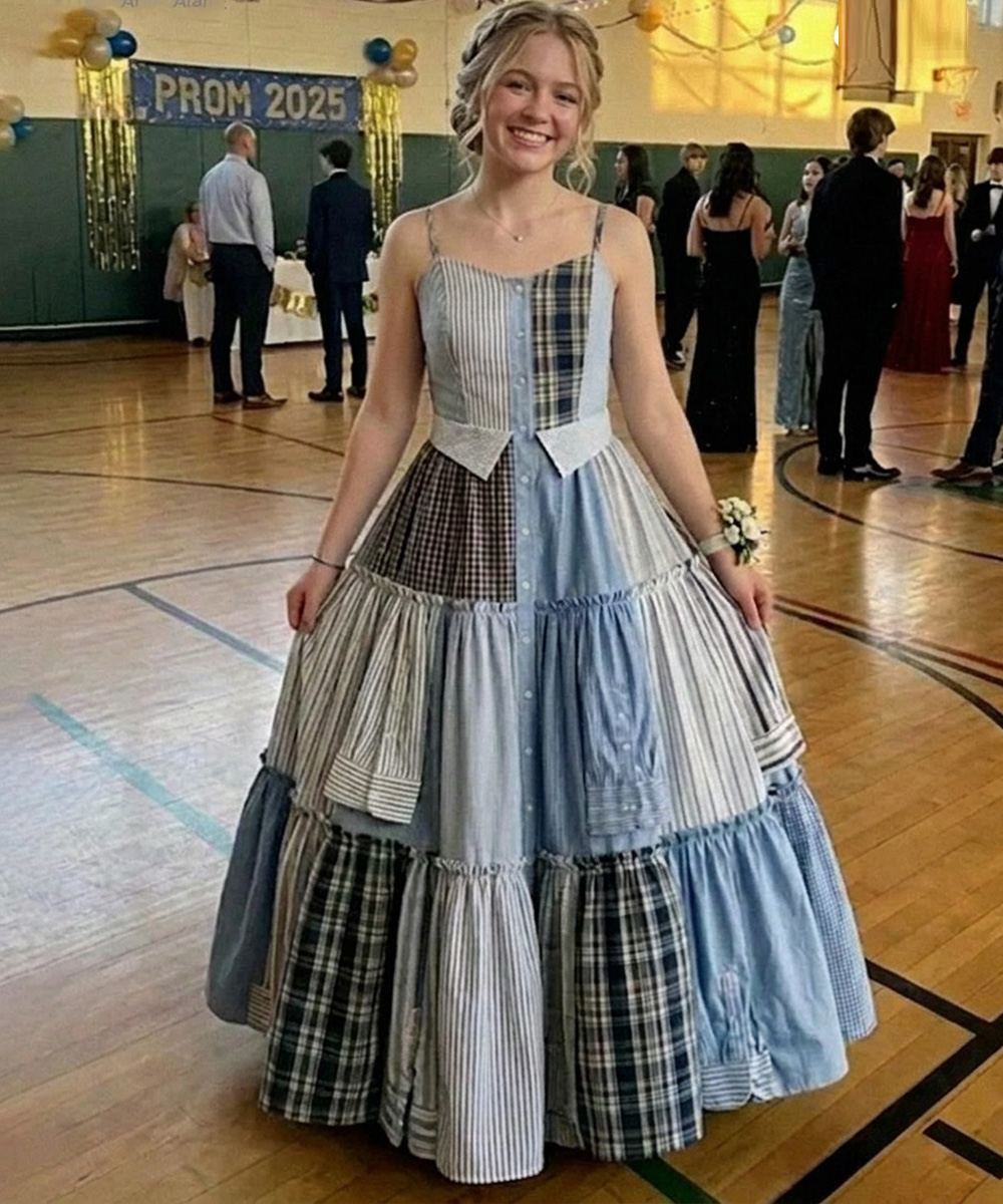 I Sewed a Dress From My Father’s Shirts for Prom in His Honor – My Classmates Laughed Until the Principal Took the Mic and the Room Fell Silent