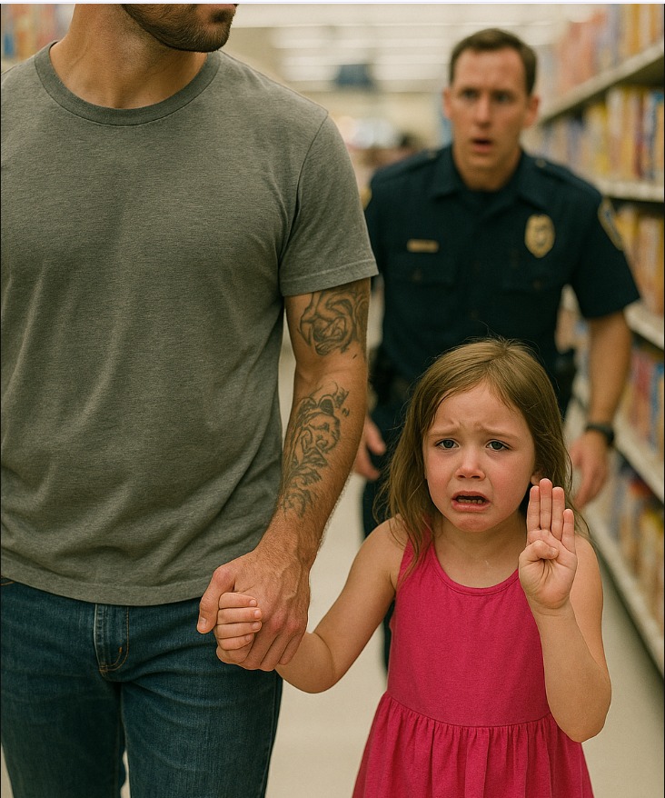 The Little Girl Lifted Her Hand With All Five Fingers Spread — But It Wasn’t a Simple Greeting. It Was a Quiet Plea for Help, a Hidden Signal Only a Trained Eye Could Recognize. The Officer’s Expression Changed Instantly — And What Happened Next Was Something No One in the Supermarket Saw Coming