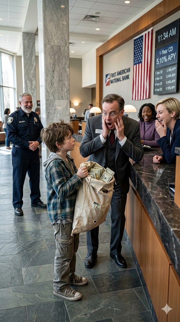 They broke into laughter the instant they noticed a thin little boy step into the bank, clutching a worn, threadbare cloth bag like a beggar. The security guard moved as if he were about to throw him out, and several employees stared at him with clear contempt. But the boy stayed silent and slowly unzipped the bag. When the manager looked inside, his face turned pale. “You’re…?”