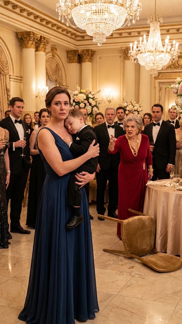 I never told my parents I was the one who invested $500 million to save their failing company. My sister took the credit, claiming she secured the deal. At the victory gala, my five-year-old son accidentally spilled water on her dress. She slapped him so hard he collapsed unconscious. My mother sneered, “Clumsy freeloader. Take the boy and get out.” I gave them one last chance to apologize. Instead, they shouted, “Your sister saved us! You’re nothing but a burden!” Then the spotlight turned to me. “Please welcome our chairman…” What I did next destroyed their world completely.