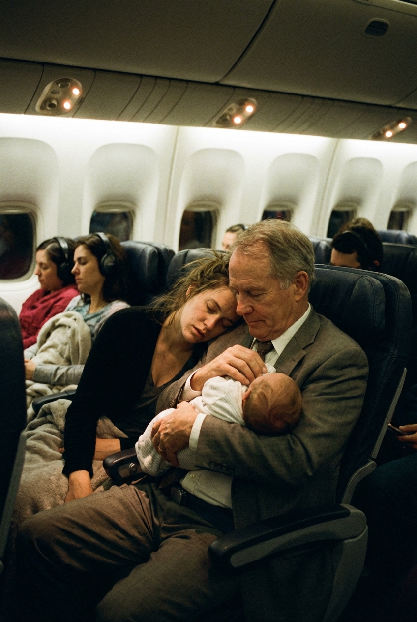 A struggling young mother fell asleep with her baby on a CEO’s shoulder during a long flight, exhausted and unaware. When she finally woke up, she was stunned by what he had quietly done while she slept.