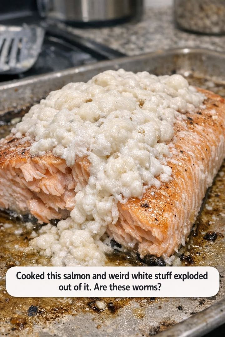 Cooked this salmon and weird white stuff exploded out of it. Are these worms?
