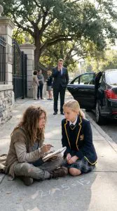 A billionaire arrived early to pick up his daughter from school—only to see a homeless girl teaching her on the sidewalk. What happened next left everyone stunned.