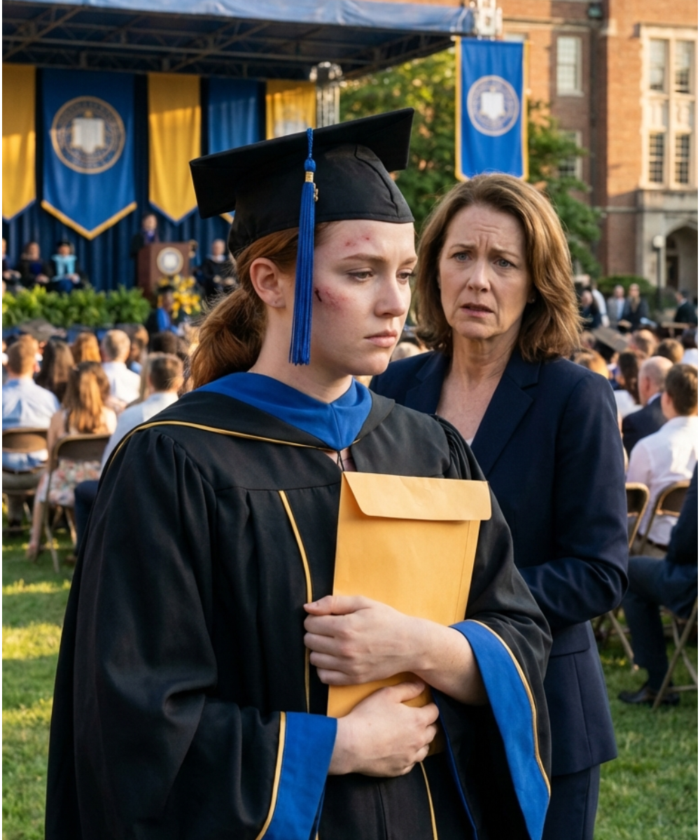 At my graduation, my father suddenly announced he was cutting me out. “You’re not even my real daughter,” he said. The room fell silent. I walked to the podium, smiled, and said, “Since we’re revealing DNA secrets…” Then I opened the envelope — and his wife turned pale.