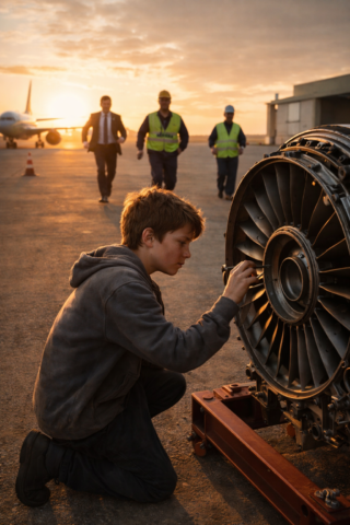A POOR KID WAS FOUND WORKING ON A MILLION-DOLLAR JET ENGINE… MINUTES LATER, THE ENTIRE AIRPORT WENT SILENT