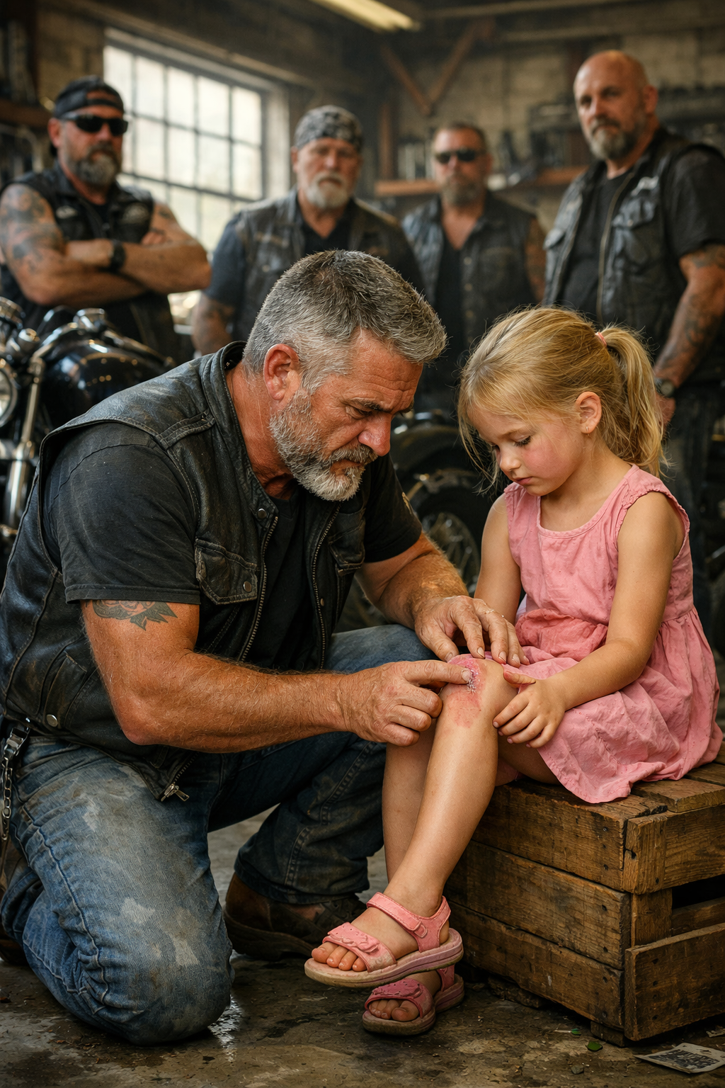 A Seven-Year-Old Girl Limped Into a Biker-Owned Garage on the Outskirts of Maple Ridge Just Days Before Heritage Day, Whispering That Something Was Wrong With Her Leg and That She Had Been Told to Stay Quiet — Until the Bikers Chose to Shield Her and Filled Main Street With Thundering Engines, Transforming the Town’s Parade Into a Reckoning No One Could Overlook