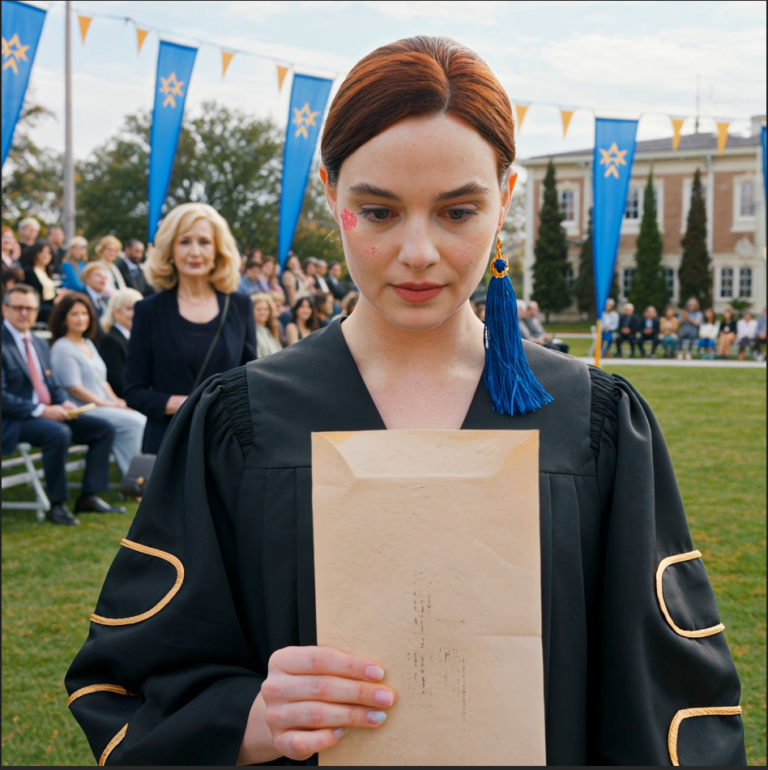 At my graduation, my father announced he was cutting me off. “You’re not my real daughter anyway.” The room gasped. I smiled, walked to the podium, and said, “Since we’re sharing DNA secrets.” I pulled out an envelope. His wife’s face turned white as I revealed…